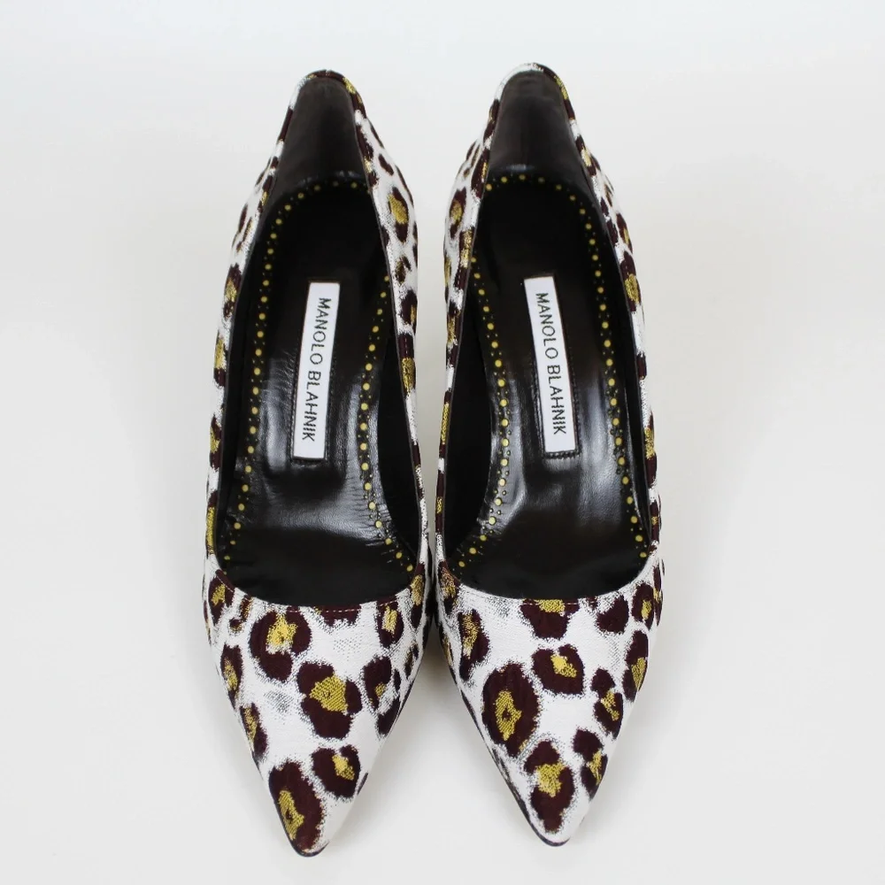 NEW Manolo Blahnik BB Leopard Print Pointed Toe Pumps Multi EU 36.5